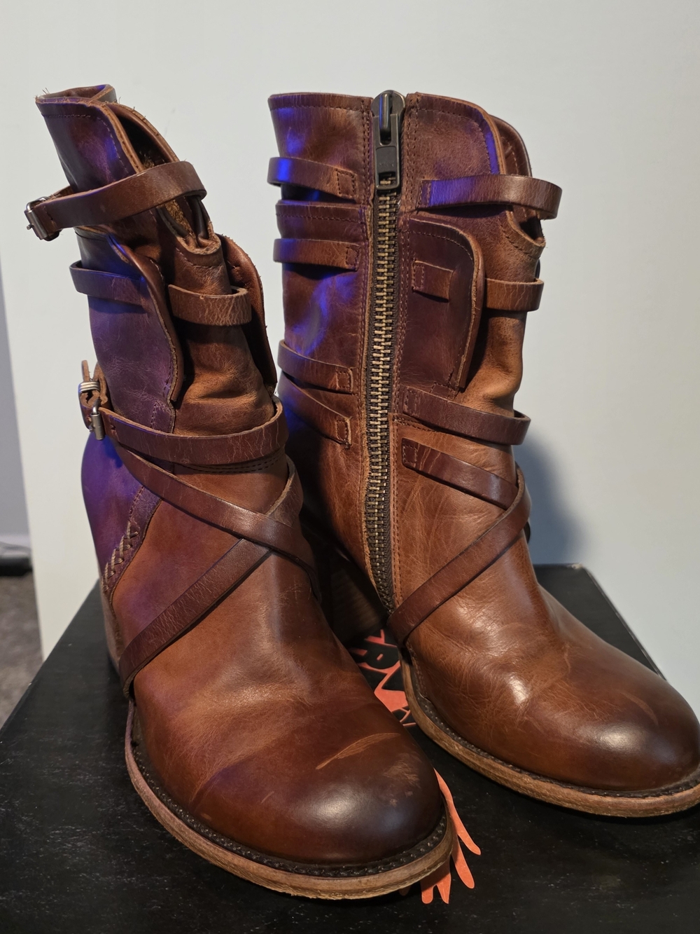 Freebird Stores Baker Cognac Leather Ankle Boots Size 10 Chunky Heel Strap Zip